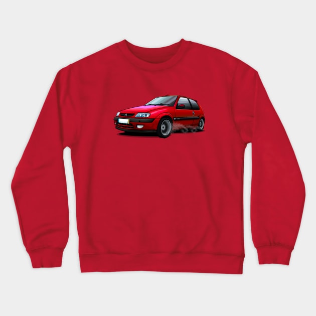 Citroen Saxo Illustration - Red Crewneck Sweatshirt by Mario Ramos Rally Art